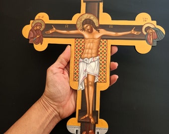 Crucifix Jesus Christ wall Cross, printed icon on wood, Greek Orthodox Byzantine Holly Cross, home icon corner or chapel church Crucifixion