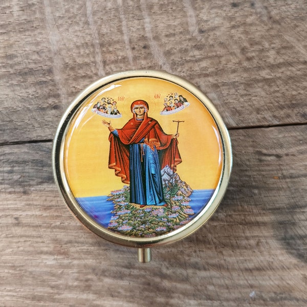 round pill box with Virgin Mary Orthodox icon, multi compartment pill case, 3 section organizer, thoughtful everyday item, practical present