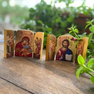 Mini tríptico de iconos ortodoxos de la Santa Madre Jesucristo y el belén, icono en miniatura para estantería, regalo de decoración de oficina religiosa cristiana