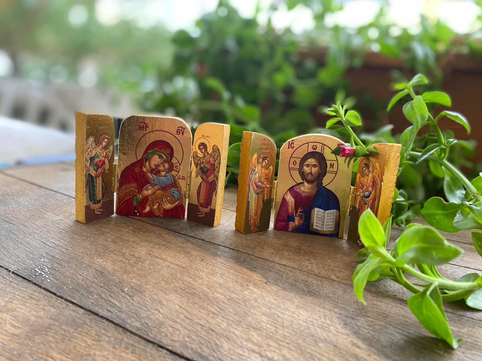 Mini triptych Orthodox icons of Holy Mother Jesus Christ and Nativity Scene, bookshelf miniature icon, Christian religious office decor gift
