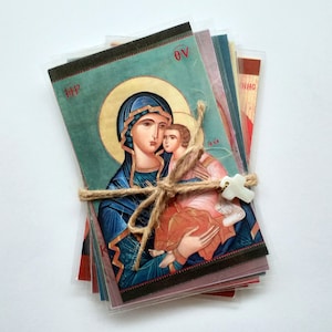 Assortiment de deux lots de 10 cartes de saints imprimées plastifiées différentes, impressions de poche icônes icônes grecques orthodoxes, projet d'école d'église à donner