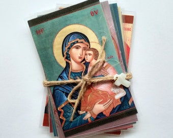 Zwei Packungen Sortiment von 10 verschiedenen laminierten gedruckten Heiligenkarten, griechisch-orthodoxe Ikonen Taschenformat Drucke, Kirche Schulprojekt Verschenken