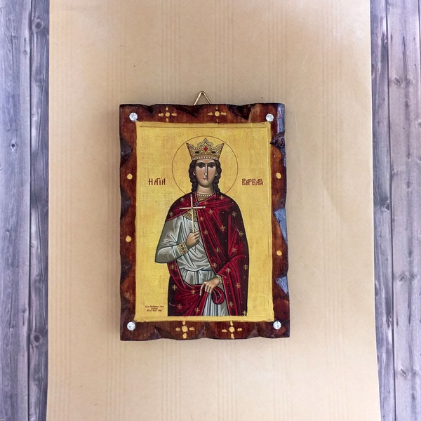 st Barbara handmade travel size wooden icon,patroness saint of child illnesses,baby shower religious gift idea,Greek Byzantine Οrthodox icon