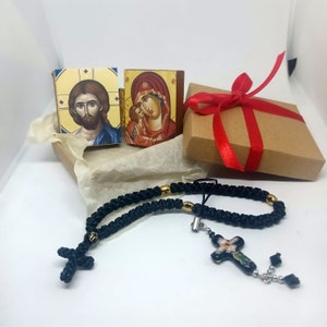 Set regalo religioso di Gesù e icona in miniatura della Vergine Maria, ciondolo a forma di croce, komboskini greco-ortodosso, biglietto dei desideri, regalo per la festa della mamma per la nonna
