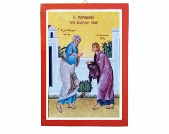 Handmade Prodigal Son Greek Orthodox Icon, small Christian faith Gift, nameday spiritual gift, Byzantine art