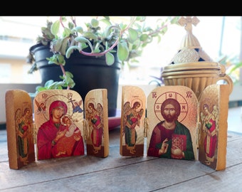 Mini triptych Orthodox icon, Holy Mother and Jesus with the Archangels bookshelf miniature icon, Christian religious office decor gift
