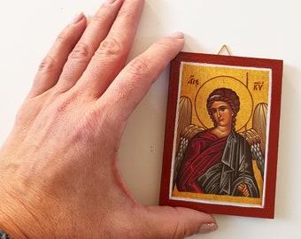 Guardian angel handmade Greek small Orthodox icon, toddler nephew christian gift idea, first communion present, Orthodox home prayer corner