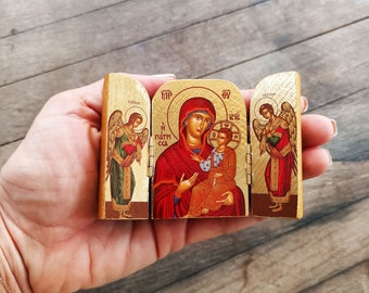 Mini triptych Orthodox icon, Virgin Mary and Jesus with the Archangels bedside table miniature icon, Christian religious office decor gift