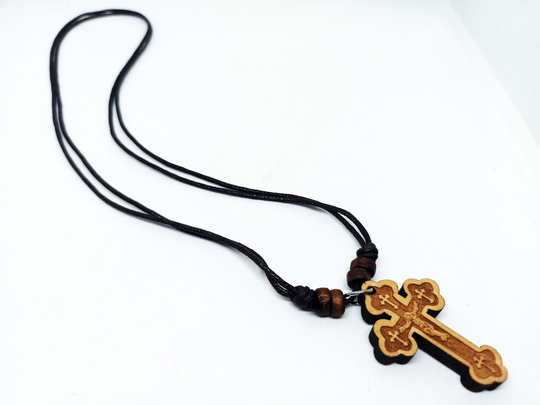Handmade Wooden Cross Necklace Pendant With Brown Adjustable Leather