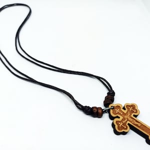 Handmade Wooden Cross necklace pendant with brown adjustable leather cord 40cm/ 15.75 in, crucifixion chest Cross faith gift for teenager