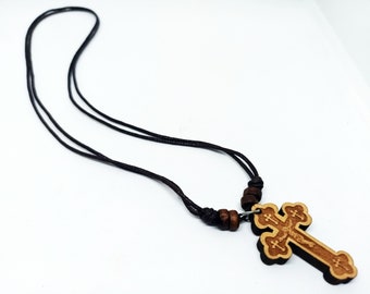 Handmade Wooden Cross necklace pendant with brown adjustable leather cord 40cm/ 15.75 in, crucifixion chest Cross faith gift for teenager