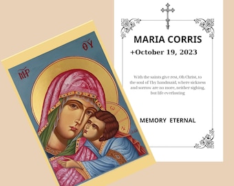 Custom Laminated Eternal Memory Cards for Funerals & Memorials, Orthodox Christian illustrated printed pocket size Saints cards with prayer