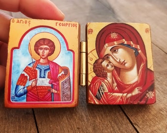 Mini diptych Orthodox icon,Virgin Mary and Saint Georgios bedside table miniature icon,Theotokos and st George Christian travel size gift