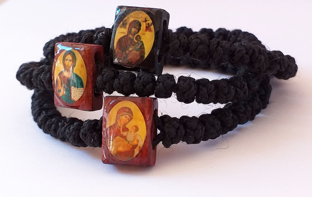 Orthodox Prayer Bracelets With Wooden Bead Icons of Virgin Mary and