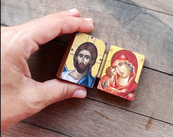 Mini diptych Orthodox icon, Virgin Mary, Jesus, Saint Nicholas bedside table miniature icon, Christian handmade travel size faith gift