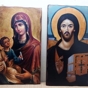 Set of two Orthodox icons, Jesus Pantocrator and Virgin Mary with Jesus handmade Greek icons on wood, unique new Christian couple gift idea