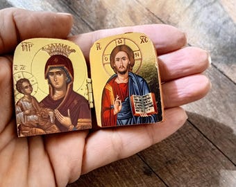Mini diptych Orthodox icon, Virgin Mary and Jesus bedside table miniature icon, Theotokos and Christ Christian religious travel size gift