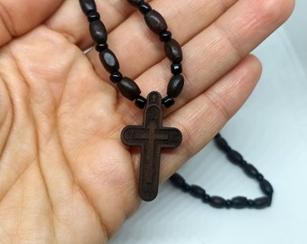 cross pendant with wooden beads, one size necklace accessory, Christian teenager jewelry gift, boho style handmade crucifixion chest cross