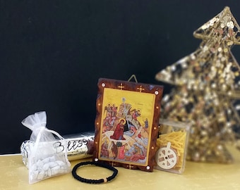 Orthodox Christmas eve box, Christian gift box for mom, Religious items gift set idea with resin charcoal cork wick komboskini nativity icon