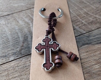 Brown Cross keychain with crocheted cord, Christian gift for man, Orthodox Believer statement accessory, Religious Orthodox gift for teens