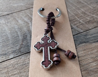 Brown Cross keychain with crocheted cord, Christian gift for man, Orthodox Believer statement accessory, Religious Orthodox gift for teens