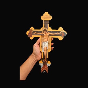 Crocifisso Gesù Cristo Croce da parete, icona di carta stampata su legno, croce bizantina greco-ortodossa, icona domestica angolo o cappella chiesa Crocifissione