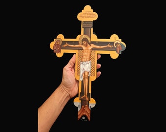 Crucifix Jesus Christ wall Cross, printed paper icon on wood, Greek Orthodox Byzantine Cross, home icon corner or chapel church Crucifixion