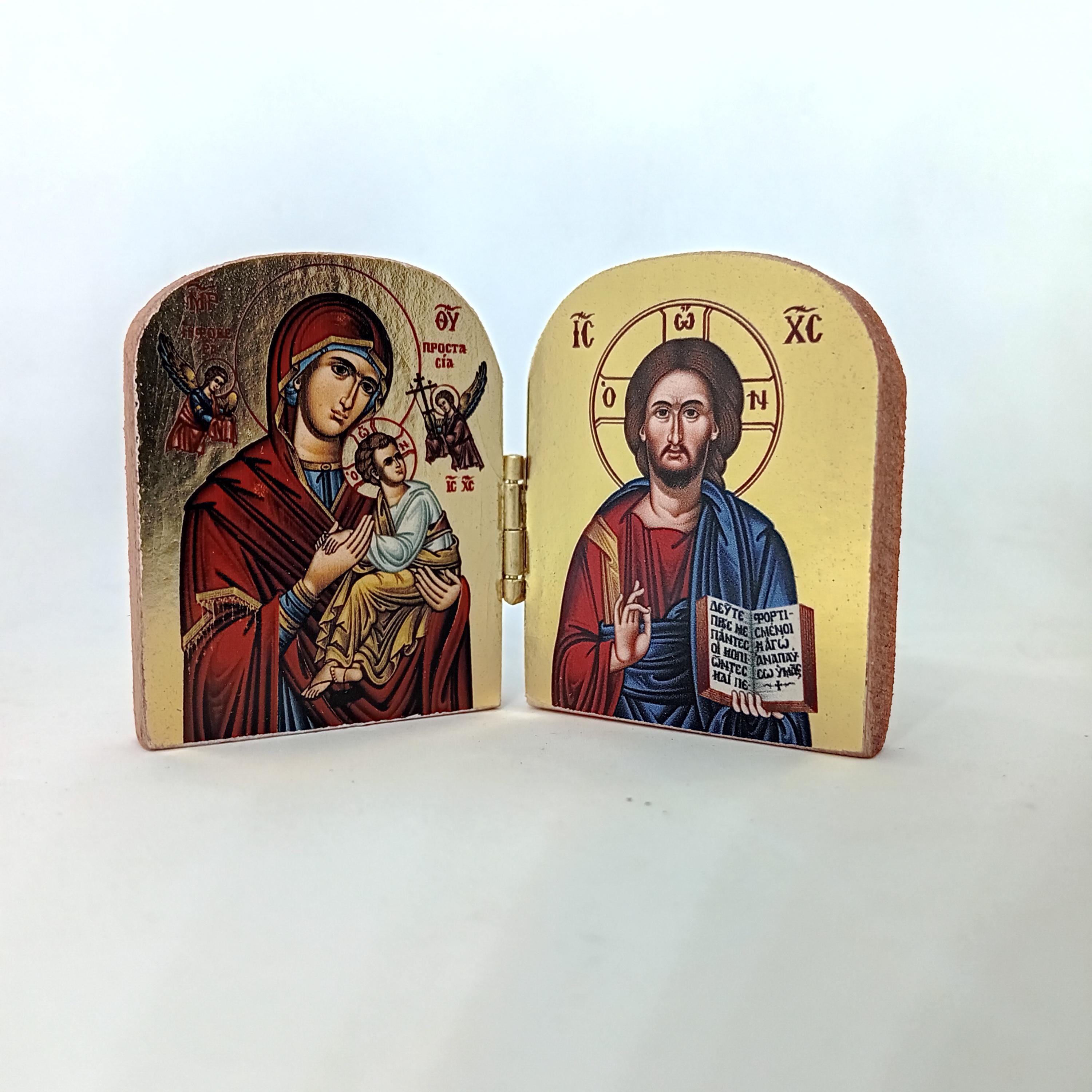ミニ正教会ディプティク・イコン：聖母マリアとイエス、キリスト教の
