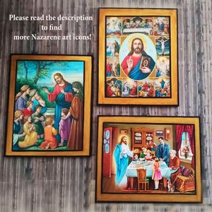 May include: Three framed paintings depicting scenes from the life of Jesus Christ. The first painting shows Jesus teaching children. The second painting shows Jesus surrounded by scenes from the Bible. The third painting shows Jesus sharing a meal with a family.