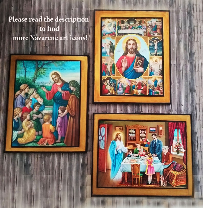 May include: Three framed paintings depicting scenes from the life of Jesus Christ. The first painting shows Jesus teaching children. The second painting shows Jesus surrounded by scenes from the Bible. The third painting shows Jesus sharing a meal with a family.