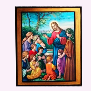 May include: A religious icon depicting Jesus Christ with a group of children. The icon is painted in a traditional style with vibrant colours and features a gold frame. The text "&Omicron; &Kappa;&Upsilon;&Rho;&Iota;&Omicron;&Sigma; &Epsilon;&Upsilon;&Delta;&Omicron;&Kappa;&Iota;&Mu;&Omega;&Nu; &Tau;&Alpha; &Pi;&Alpha;&Iota;&Delta;&Iota;&Alpha;" is written at the top of the icon.