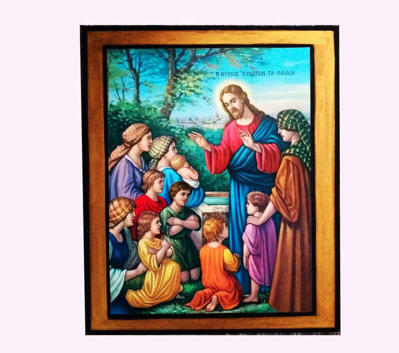 May include: A religious icon depicting Jesus Christ with a group of children. The icon is painted in a traditional style with vibrant colours and features a gold frame. The text "&Omicron; &Kappa;&Upsilon;&Rho;&Iota;&Omicron;&Sigma; &Epsilon;&Upsilon;&Delta;&Omicron;&Kappa;&Iota;&Mu;&Omega;&Nu; &Tau;&Alpha; &Pi;&Alpha;&Iota;&Delta;&Iota;&Alpha;" is written at the top of the icon.