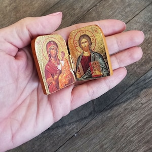 Mini diptych Orthodox icon, Virgin Mary and Jesus bedside table miniature icon, Theotokos and Christ Christian religious office decor gift
