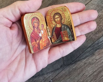 Mini Diptychon kyrillische Ikone, Jungfrau Maria und Jesus Nachttisch Miniatur Ikone, Theotokos und Christus christliches religiöses Bürodekorgeschenk