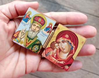 Mini diptych Orthodox icon,Virgin Mary and Saint Nicholaos bedside table miniature icon,Theotokos and st Nickolas Christian travel size gift