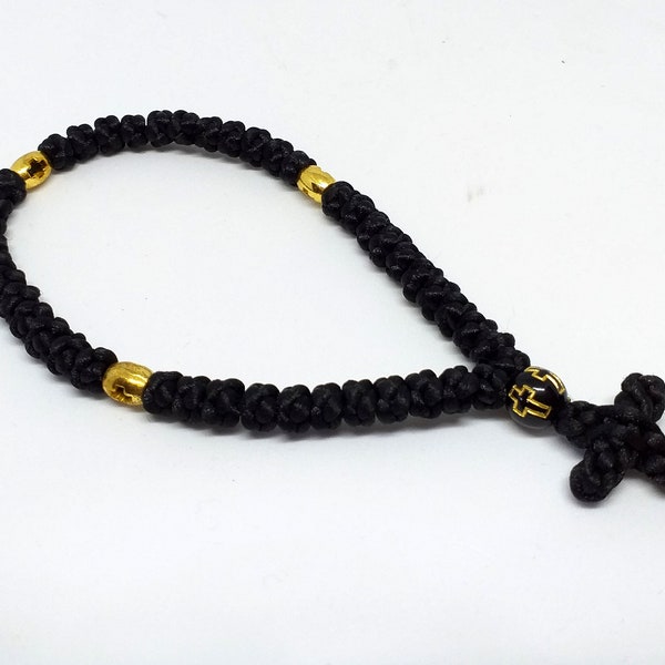 Corde de prière noire de 50 nœuds avec croix, komboskini grec orthodoxe fait à la main, cadeau de foi chrétienne pour grand-père, papa, parrain, mari, ami