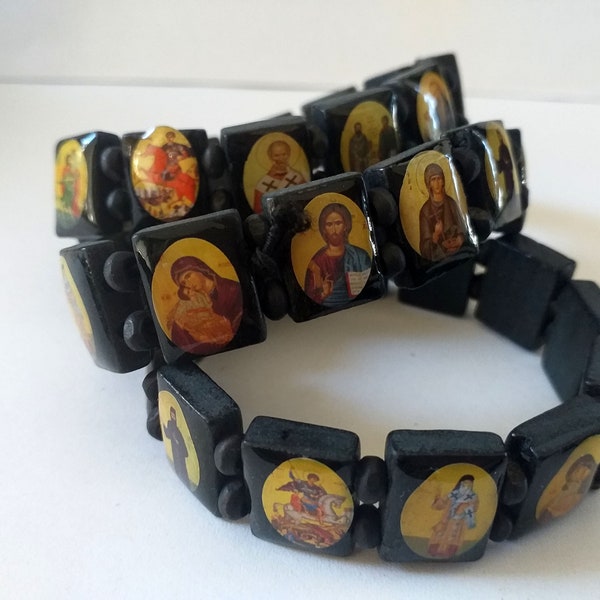 Religious elastic bracelet with holy icons on wooden laminated black beads, Orthodox Saints icons stretch charm jewelry Christian Faith gift