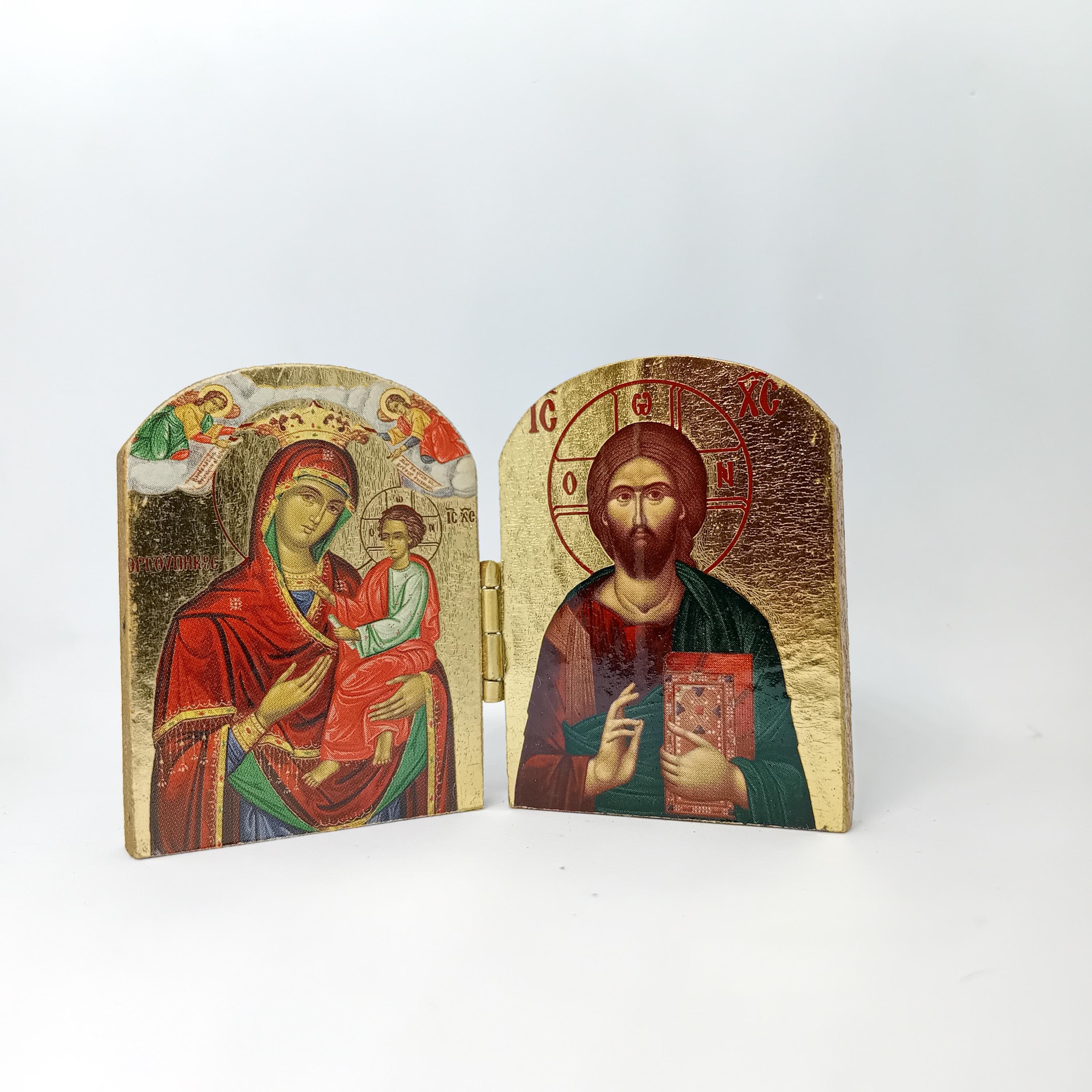 ミニ正教会ディプティク・イコン：聖母マリアとイエス、キリスト教の