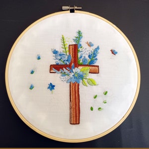 Hand Embroidered Cross: Light Blue Floral Bouquet, Religious Easter Decor