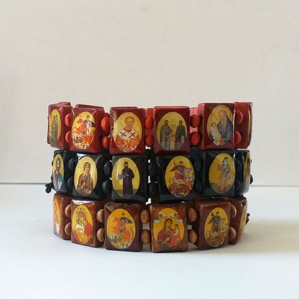 Religious elastic bracelet with holy icons in three colors, Orthodox mom birthday gift, Saints stretch bracelet in red, brown and black