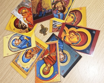 Orthodox Greek laminated icon prayer icon cards, 2 sets of 10 different Virgin Mary holy cards, pocket size printed icons church give away