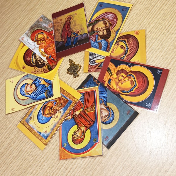 Orthodox Greek laminated icon prayer icon cards, 2 sets of 10 different Virgin Mary holy cards, pocket size printed icons church give away