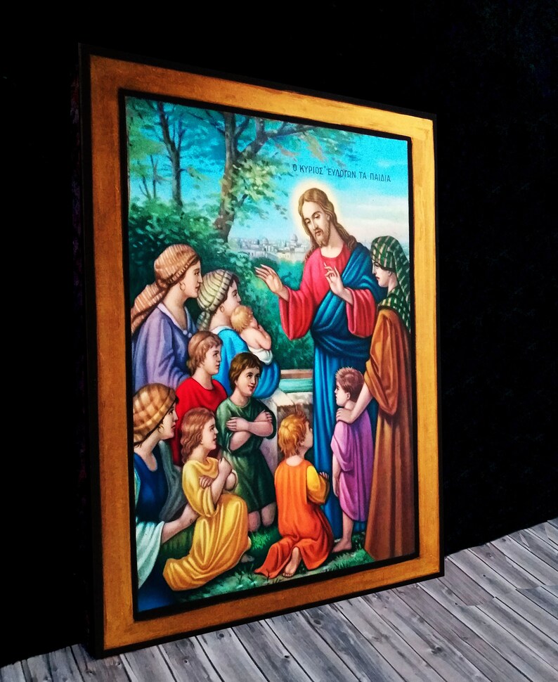 May include: A framed painting depicting Jesus Christ with children. The painting is set in a garden with a well in the background. The text "&Omicron; &Kappa;&Upsilon;&Rho;&Iota;&Omicron;&Sigma; &Epsilon;&Upsilon;&Lambda;&Omicron;&Gamma;&Epsilon;&Iota; &Tau;&Alpha; &Pi;&Alpha;&Iota;&Delta;&Iota;&Alpha;" is written at the top of the painting.