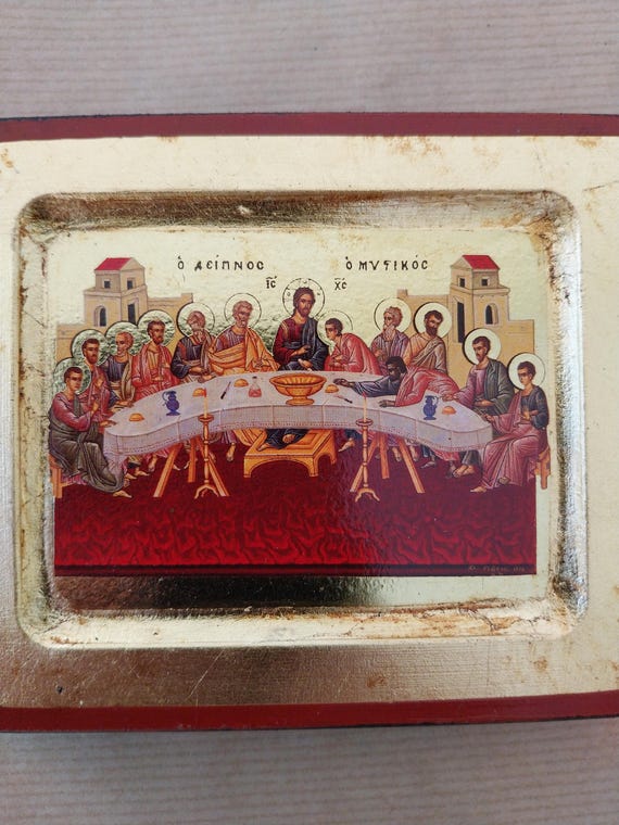 宗教画 イコン 自然石 アテネ正教会の最後の晩餐のイコン：木製の石