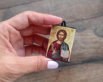 Miniature Orthodox Jesus Christ Icon, Magnet Hanger or Sticker, Perfect for baptism favors, car accessory, back to school pocket size gift