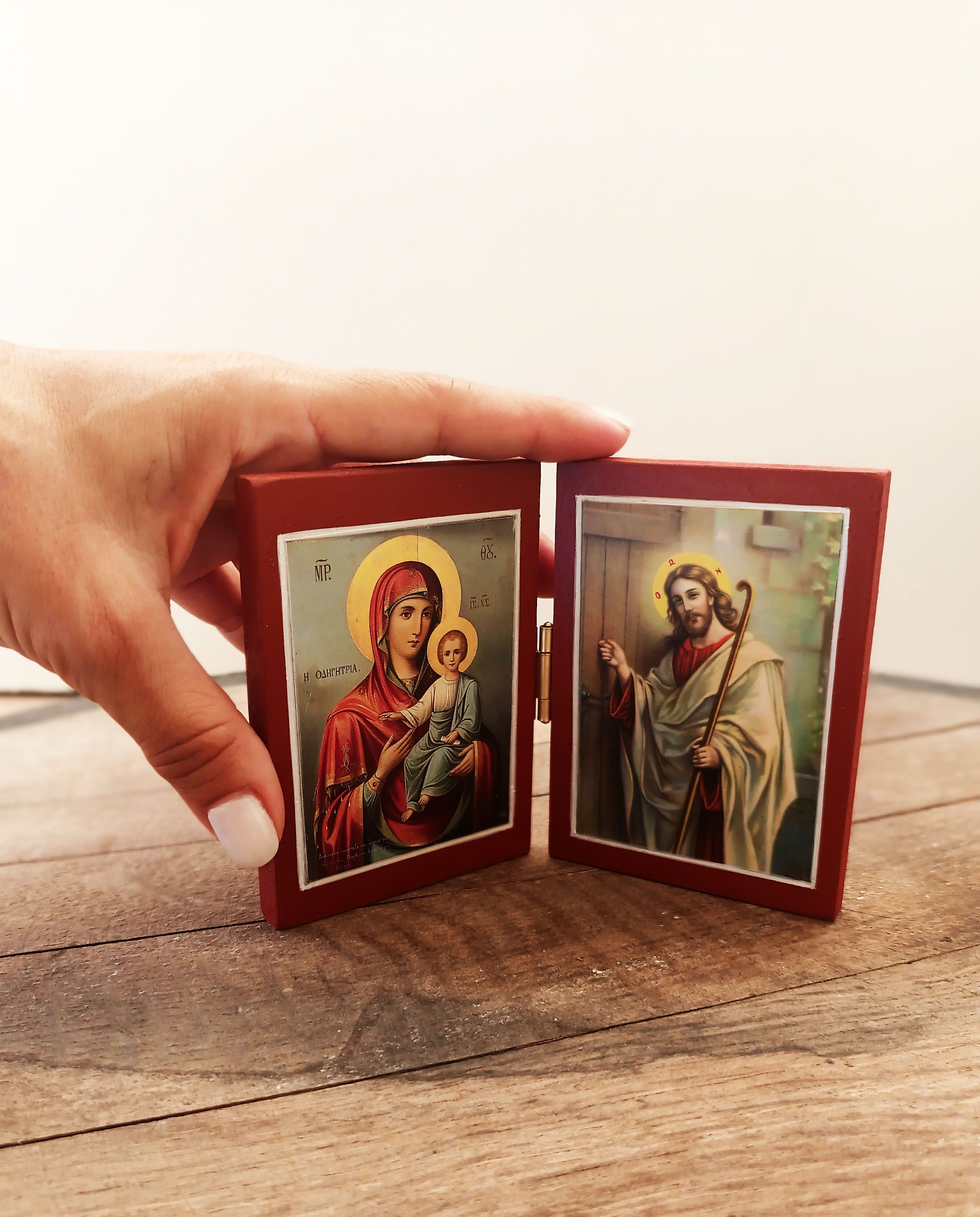 Orthodox small diptych icon for travellers or mini prayer corner, handmade mini pocket size prayer diptych, Christian student faith gift