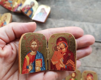 Mini diptych Orthodox icon, Virgin Mary and Jesus bedside table miniature icon, Theotokos and Christ Christian religious travel size gift