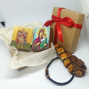 Maagd Maria en aartsengel Michael Orthodoxe iconencadeauset, geschenkdoos met klein tweeluik icoon/dunne zwarte komboskini/iconen armband/kleine wenskaart