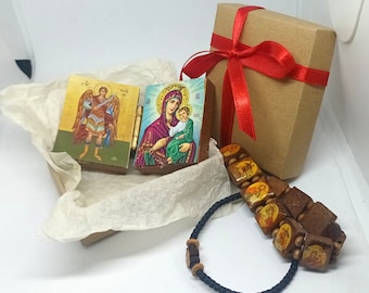 Set regalo di icone ortodosse della Vergine Maria e dell'Arcangelo Michele, confezione regalo di piccola icona dittico/komboskini nero sottile/bracciale di icone/piccolo biglietto dei desideri