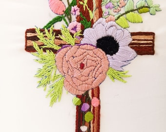 Hand Embroidered Orthodox Cross in 8 inch Bamboo Hoop, Easter embroidery decor gift, Cross in flowers, finished colorful botanical crucifix